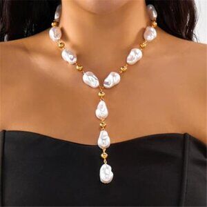 Gold Baroque Pearl Layered Necklace Set Irregular Beaded Y-Choker
